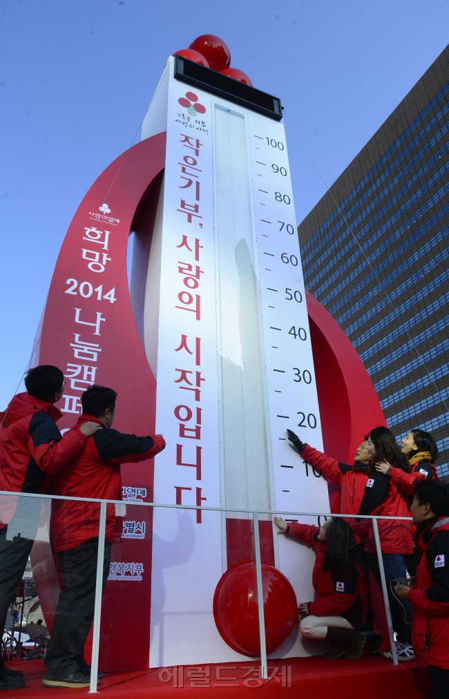 사회복지공동모금회가 20일 서울 광화문 광장에서 연말연시 이웃돕기 범국민 모금을 위한 '희망2014나눔캠피인'을 알리는 출범식을 앞두고 사랑의 온도탑을 점검하고 있다. 박해묵 기자/mook@heraldcorp.com