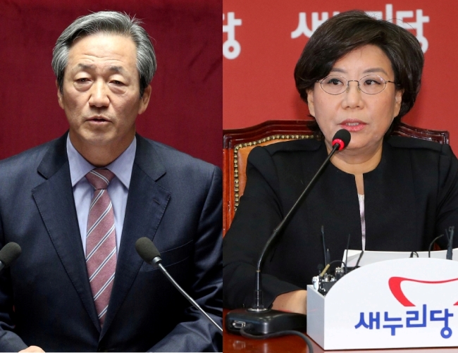 정몽준(좌부터/국회의원/새누리당국회의원/대한축구협회명예회장/보건복지위원회위원),이혜훈(정치인/새누리당최고위원)
The race within the ruling Saenuri Party to challenge incumbent Seoul Mayor Park Won-soon is heating up months ahead of next year’s election.