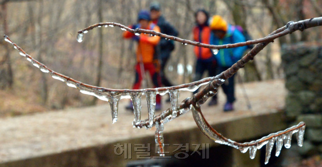 서울 아침기온이 영하2도 등 출근길 기온이 영하권을 보인 26일 오전 서울 청계산 계곡에서 나뭇가지에 고드름이 열려 추위를 실감케하고 있다.<br />김명섭 기자 msiron@heraldcorp.com
서울 아침기온이 영하2도 등 출근길 기온이 영하권을 보인 26일 오전 서울 청계산 계곡에서 나뭇가지에 고드름이 열려 추위를 실감케하고 있다.
김명섭 기자 msiron@heraldcorp.com