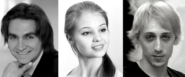 This combo of undated file pictures released by Bolshoi Theatre shows Bolshoi Ballet soloist Pavel Dmitrichenko (right), who has been charged with ordering the acid attack on Bolshoi Ballet artistic director Sergei Filin (left), and Bolshoi Ballet ballerina Anzhelina Vorontsova (center), Dmitrichenko’s girlfriend.   AFP-Yonhap News