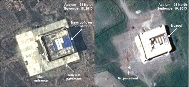 This combination of satellite images, taken by Astrium on Nov. 18 (left) and Sept. 16 and annotated and distributed by 38 North, shows what appears to be a rocket launch control center located on North Korea’s northeast coast.   AP-Yonhap News