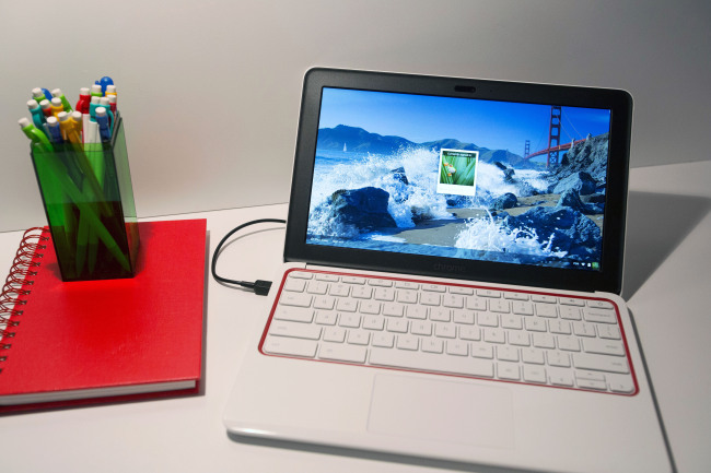 The HP Chromebook 11 is displayed at a Google event in New York.   AP-Yonhap News