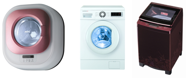 (from left) The wall-mounted front-load washing machine “Mini”, A washer with a laundry function for washing hijabs, A washer printed with Nazca lines (Dongbu Daewoo Electronics)