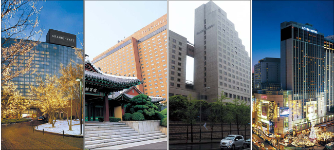 (왼쪽부터) 그랜드하얏트 호텔, 신라호텔, 리츠칼튼호텔, 롯데호텔