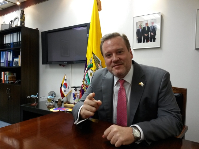 Ecuadorian Ambassador to South Korea Nicolas Trujillo gestures during an interview with The Korea Herald at his office in downtown Seoul on Tuesday.   Philip Iglauer Korea Herald