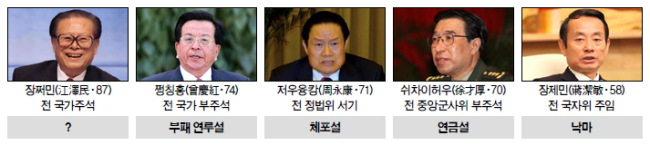 장쩌민(좌부터/정치인/중국인민해방군상장),쩡칭훙(ZengQinghong/정치인),저우융캉(ZhouYongkang정치인/중앙정치국위원회상무위원),쉬차이허우(XuCaihou/정치인/중화인민공화국중앙군사위원회부주석/중국공산당중앙군사위원회부주석),장지에민(JiangJiemin/기업인/중국석유공사회장)
시진핑(習近平) 국가 주석이 주도하는 부패와의 전쟁이 결국 장쩌민(江澤民) 전 국가주석을 겨냥한 것이라는 관측이 급속히 확산되고 있다.