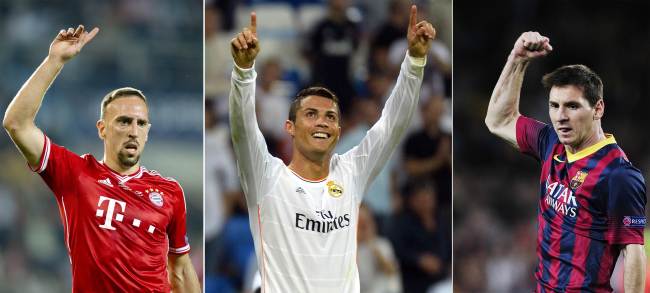 A combination of file pictures shows (L-R) Bayern Munich's French midfielder Franck Ribery, Real Madrid's Portuguese forward Cristiano Ronaldo and Barcelona's Argentinian forward Lionel Messi.(AFP-Yonhap News)