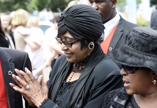 The former wife of Nelson Mandela, Winnie Mandela Madikizela, arrives for a mass in memory of late South African President Nelson Mandela in Johannesburg on Sunday.   AFP-Yonhap News