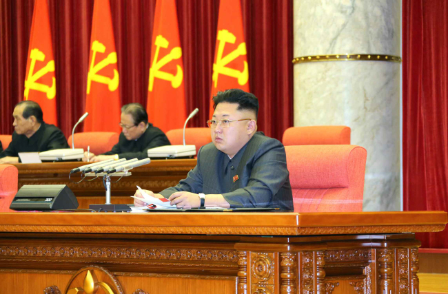 North Korean leader Kim Jong-un presides a key meeting of the Workers' Party on Sunday. (Yonhap News)
