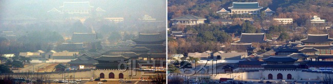 지난 5일까지 서울·경기 등 수도권과 강원·충청 지방까지 뒤덮었던 미세먼지가 사그라졌다.  6일 기상청에 따르면 북풍의 영향으로 서울 전역의 평균 미세먼지는 '보통'(31∼80㎍/㎥) 등급으로 낮아졌다. 오전 8시 현재 서울 전역의 평균 미세먼지 농도는 35㎍/㎥이다. 전날 오후 4시 미세먼지 농도가 최고 196㎍/㎥이었던 것과 비교하면 크게 내려간 것이며 평상시(55㎍/㎥)보다도 낮은 수준이다.  (왼쪽사진은 5일 오전 8시, 오른쪽사진은 6일 오전 8시 같은시간 같은장소에서 촬영한 사진이다.)<br />김명섭기자 msiron@heraldcorp.com, 이상섭 기자. babtong@heraldcorp.com
지난 5일까지 서울·경기 등 수도권과 강원·충청 지방까지 뒤덮었던 미세먼지가 사그라졌다.  6일 기상청에 따르면 북풍의 영향으로 서울 전역의 평균 미세먼지는 '보통'(31∼80㎍/㎥) 등급으로 낮아졌다. 오전 8시 현재 서울 전역의 평균 미세먼지 농도는 35㎍/㎥이다. 전날 오후 4시 미세먼지 농도가 최고 196㎍/㎥이었던 것과 비교하면 크게 내려간 것이며 평상시(55㎍/㎥)보다도 낮은 수준이다.  (왼쪽사진은 5일 오전 8시, 오른쪽사진은 6일 오전 8시 같은시간 같은장소에서 촬영한 사진이다.)
김명섭기자 msiron@heraldcorp.com, 이상섭 기자. babtong@heraldcorp.com
지난 5일까지 서울·경기 등 수도권과 강원·충청 지방까지 뒤덮었던 미세먼지가 사그라졌다.  6일 기상청에 따르면 북풍의 영향으로 서울 전역의 평균 미세먼지는 '보통'(31∼80㎍/㎥) 등급으로 낮아졌다. 오전 8시 현재 서울 전역의 평균 미세먼지 농도는 35㎍/㎥이다. 전날 오후 4시 미세먼지 농도가 최고 196㎍/㎥이었던 것과 비교하면 크게 내려간 것이며 평상시(55㎍/㎥)보다도 낮은 수준이다.  (왼쪽사진은 5일 오전 8시, 오른쪽사진은 6일 오전 8시 같은시간 같은장소에서 촬영한 사진이다.)
김명섭기자 msiron@heraldcorp.com, 이상섭 기자. babtong@heraldcorp.com