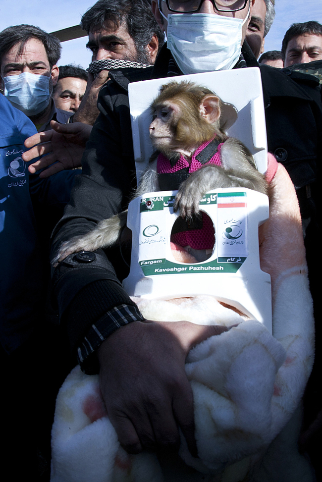 A man carries a monkey named Fargam during a mission to send it into space on Saturday.   AP-Yonhap News