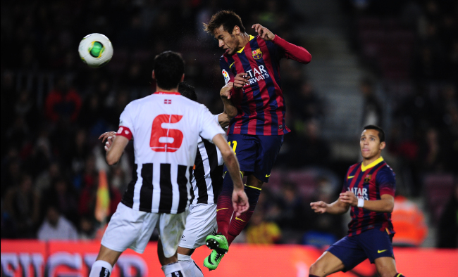 Barcelona’s Neymar scores against Cartagena on Tuesday.   AP-Yonhap News