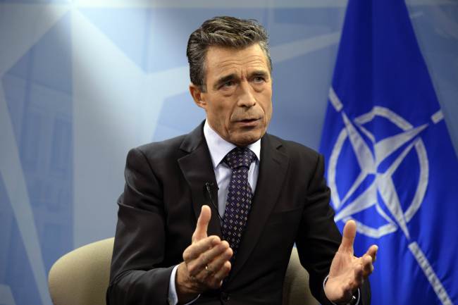 NATO Secretary-General Anders Fogh Rasmussen speaks during an interview at the NATO headquarters in Brussels. (AFP-Yonhap News)
