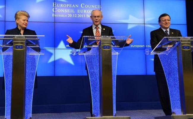 European Council President Herman Van Rompuy (center), Lithuanian President Dalia Grybauskaite (left) and European Commission President Jose Manuel Barroso give a press conference after an EU summit in Brussels on Friday.   AFP