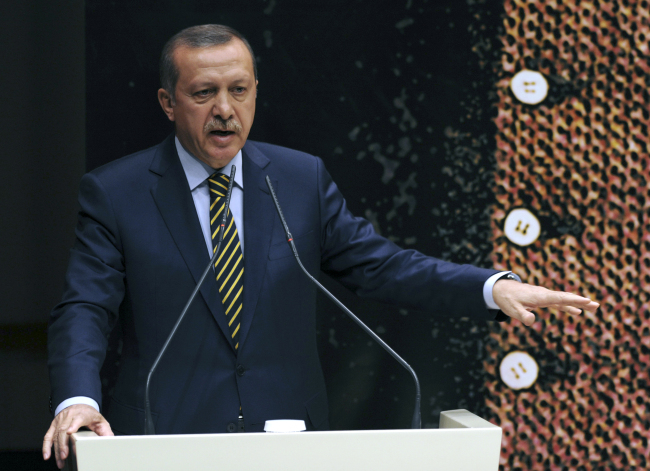 Turkey’s Prime Minister Recep Tayyip Erdogan addresses party members in Ankara, Turkey, Wednesday.   AP-Yonhap News