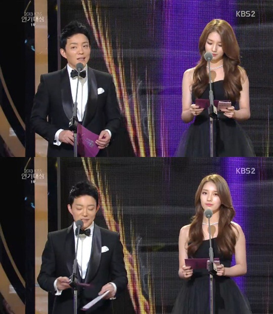 이범수(좌부터/영화배우/탤런트),수지(배수지/가수/미쓰에이/AQ엔터테인먼트/JYP엔터테인먼트)
수지가 수상소감 논란에 휩싸인 가운데 다소 어두운 표정으로 시상식에 나섰다.