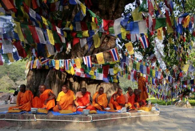 Monks chant under the Bodhi tree, adjacent to the Maya Devi Temple, in Lumbini, some 200 kilometers west of Kathmandu, Nepal.   AFP