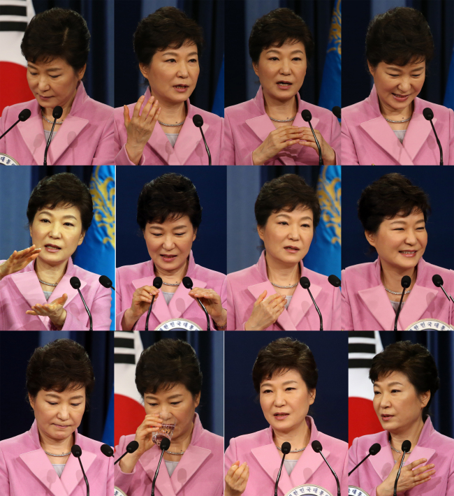 박근혜(대통령/대한민국대통령)
President Park Geun-hye shows various facial expressions while answering reporters’ questions during a press conference at Cheong Wa Dae on Monday.   Yonhap News