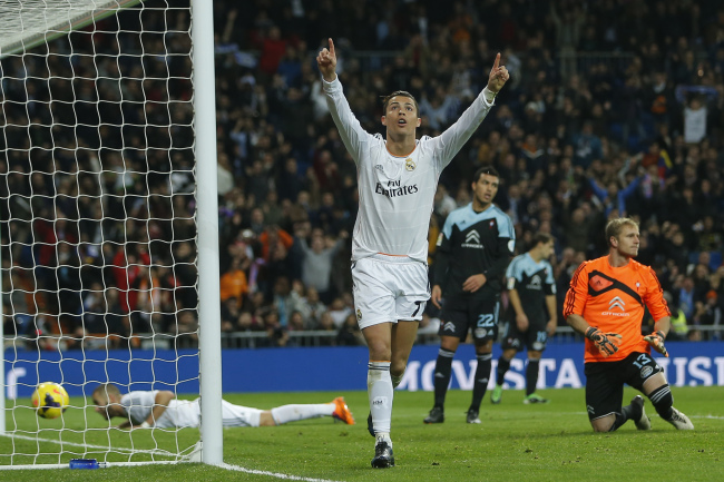 Real Madrid’s Cristiano Ronaldo from Portugal celebrates his goal at the Santiago Bernabeu stadium in Madrid on Monday.   AP-Yonhap News