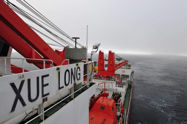 Chinese research vessel and icebreaker Xue Long sails in the open waters in Antarctica on Tuesday.   Xinhua-Yonhap News