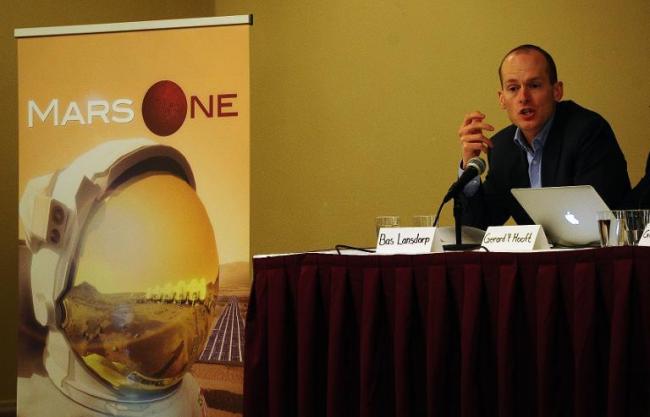 Mars One CEO Bas Lansdorp holds a press conference to announce the launch of astronaut selection for a Mars space mission project, in New York, on April 22.   AFP