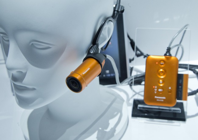 The Panasonic HX-A100 wearable Wi-Fi camera sits on display at the International CES in Las Vegas on Wednesday.   AP-Yonhap News