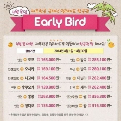 제주항공은 9일 국제선 4월 얼리버드 특가 항공권과 오는 13일부터 두 달간 출발하는 국내선 항공권 할인 행사 소식을 전했다.
이번 4월 국제선 얼리버드 항공권은 4월 1일부터 30일까지 적용되는 상품으로, 인천 도쿄 왕복 16만5000원부터, 방콕 28만5100원부터, 홍콩 26만3900원부터 등 괌, 마닐라, 세부 등에 적용된다.