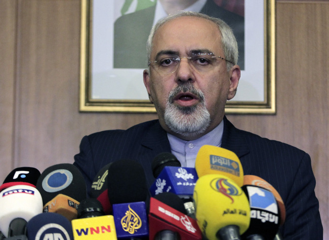 Iranian Foreign Minister Mohammad Javad Zarif speaks during a press conference at Rafik Hariri Interna­tional Airport in Beirut on Sunday.   AP-Yonhap News