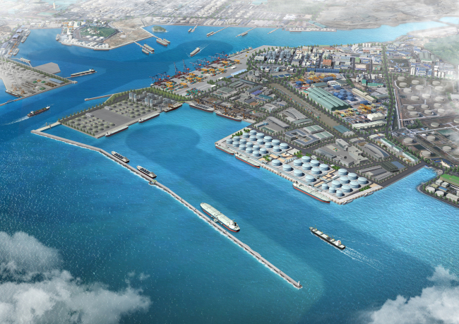 A drawing of the North Port in Ulsan under construction where a second oil storage complex will be developed under the vision of building a Northeast Asian oil hub in Korea.   KNOC