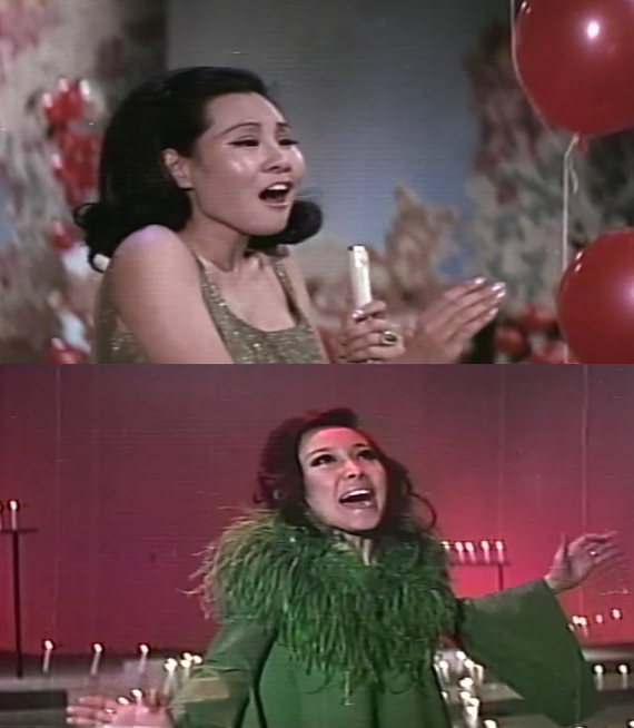 Veteran singers Patti Kim (top) and Yoon Bok-hee’s earlier days are captured in “A Half Century of Korean Pop Songs,” a newly discovered film produced and released in 1968.   KOFA