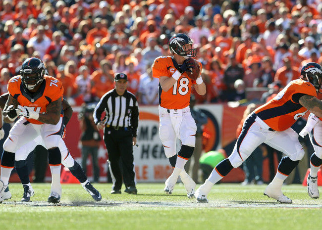 Denver Broncos quarterback Peyton Manning looks to pass on Sunday.   USA Today-Yonhap News