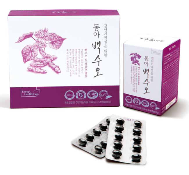 동아 백수오의 주성분인 백수오 복합추출물(백수오, 속단, 당귀)은 식품의약품안전처가 대한민국 최초로 ‘갱년기 여성 건강 증진 기능성’을 인정한 성분이다. 갱년기 여성을 대상으로 12주간 임상시험을 시행한 결과, 안면 홍조, 어지럼증, 불면증, 피로감, 관절통 등 10가지의 증상이 개선되는 효과가 입증됐다.