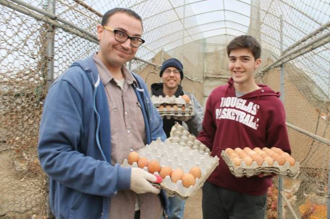 WWOOF volunteers pose with eggs they collected while volunteering on a farm in Namyangju, Gyeonggi Province, in November.   WWOOF Korea