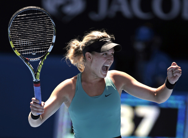 Eugenie Bouchard celebrates after defeating Ana Ivanovic at the Australian Open on Tuesday.   AP-Yonhap News