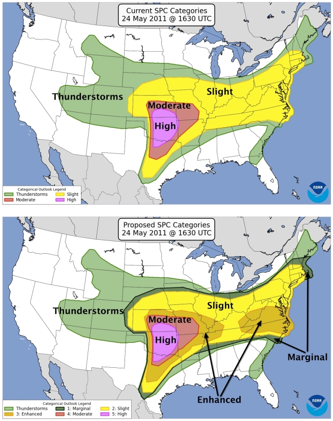 These illustrations provided by NOAA’s Storm Prediction Center show how the marginal and enhanced risks would have been used (bottom) had they been in place for major outbreaks in 2011, compared to the four categories that were used (top).   AP-Yonhap News