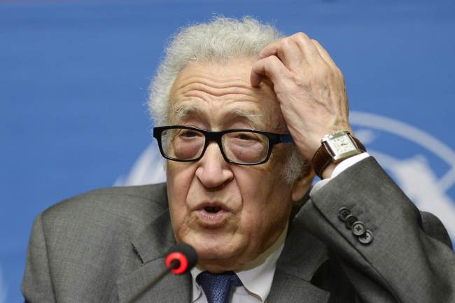 U.N. mediator Lakhdar Brahimi speaks during a press briefing at the United Nations headquarters in Geneva, Switzerland, Saturday.   AFP-Yonhap
