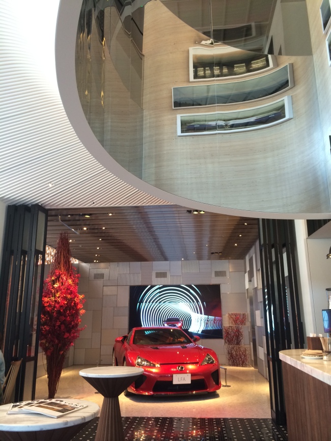 The Lexus LFA sportscar is displayed at a brand-themed cafe and restaurant in Aoyama, Tokyo.   Lee Ji-yoon/The Korea Herald