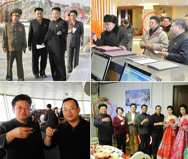 Kim Chol-jin, the deputy chief of North Korea’s National Committee for Economic Development, is seen with North Korea head-of-state Kim Jong-un in Pyonyang’s water park (top left) and at the Masik Pass ski resort (top right). A Shanghai businessman uploaded the two lower pictures showing Kim meeting Chinese businessmen onto his blog in January 2012. Yonhap