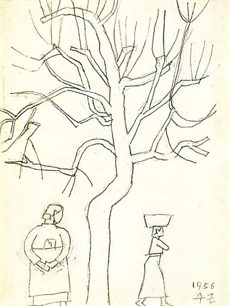 박수근 ‘나무와 두여인’, 종이에 연필, 26×20㎝,1956