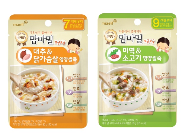매일유업은 ‘대추&닭가슴살 영양쌀죽’과 ‘미역&소고기 영양쌀죽’ 등 신메뉴 2종을 시판한다. ‘대추&닭가슴살 영양쌀죽’은 비타민 A와 C가 풍부한 대추와 고단백 닭가슴살을 주재료로 사용했다. ‘미역&소고기 영양쌀죽’은 식이섬유와 칼륨이 풍부한 미역을 주재료로 만들었다. 식재료는 국내산이다.