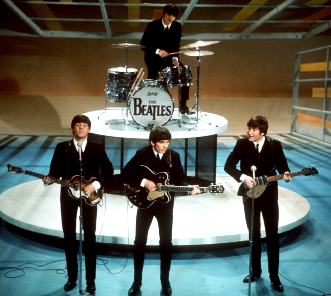 In this Feb. 9, 1964, file photo, Paul McCartney (from left), George Harrison, Ringo Starr on drums and John Lennon perform on CBS’ “Ed Sullivan Show” in New York. AP-Yonhap