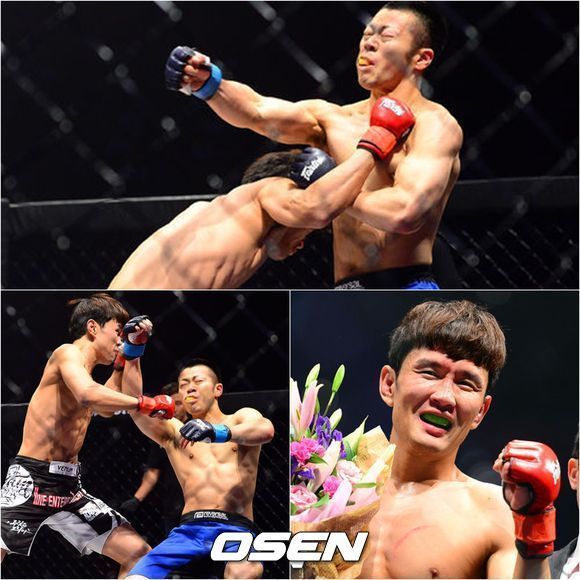 개그맨 출신 FC 파이터 윤형빈이 상대편인 일본의 다카야 츠쿠다를 상대로 TKO승을 거둔 모습 (사진 = OSEN)