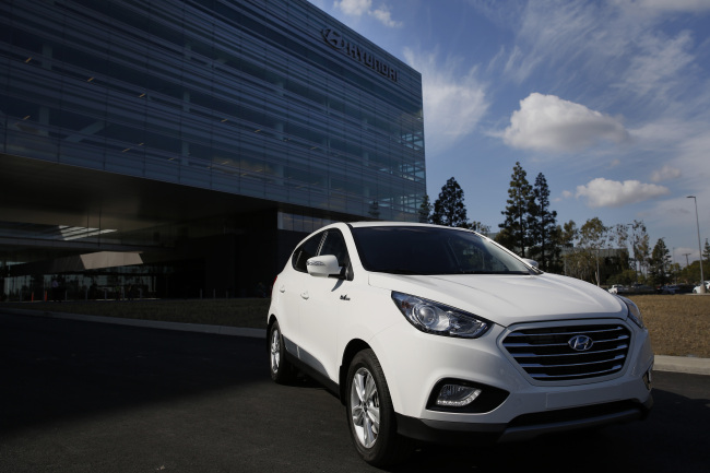 The Hyundai Motor Co. Tucson Fuel Cell vehicle is displayed outside the Hyundai Motor America headquarters in Fountain Valley, California.   Bloomberg