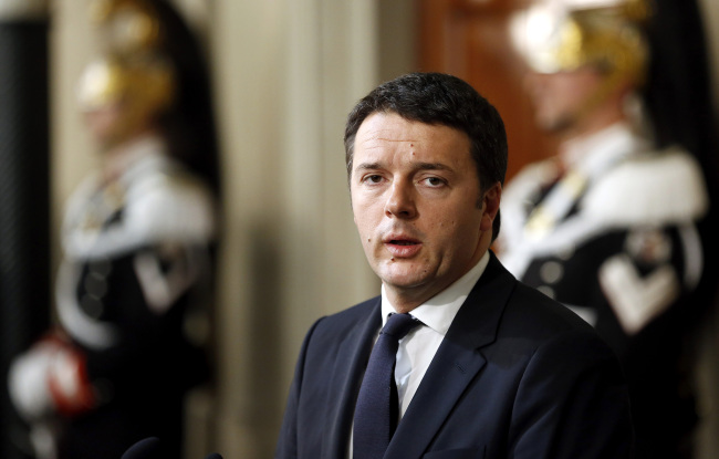 Matteo Renzi, Italy’s prime minister-designate, speaks during a news conference after meeting with Giorgio Napolitano, Italy’s president, at the Quirinale Palace in Rome, Monday.   Bloomberg