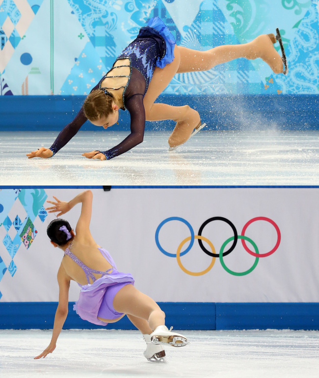 율리아리프니츠카야(위부터/YuliaLipnitskaya/스케이트선수),아사다마오(AsadaMao/스케이트선수)
SOCHI, Russia (Yonhap) ― South Korean figure skater Kim Yu-na went through a mostly smooth dress rehearsal on Thursday, her final run-through of the free skating program scheduled for later in the day.
Russia’s Julia Lipnitskaya (top) and Japan’s Mao Asada fall during their short programs.   Yonhap