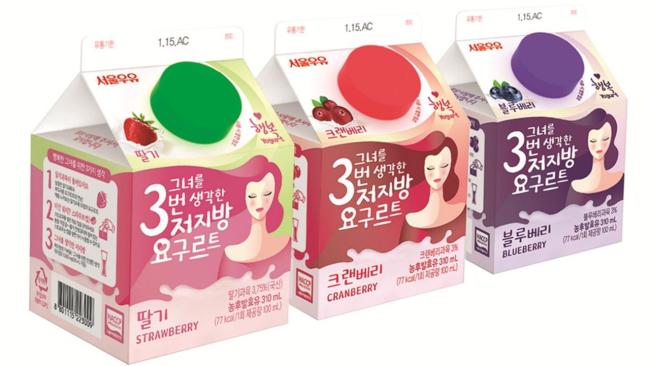 올해 발효유 시장의 판도를 바꿀 막강한 신제품이 나왔다. 바로 서울우유가 발효유 시장을 석권하겠다며 야심차게 개발한 발효유 ‘그녀를 3번 생각한 저지방 요구르트’다. ‘그녀를 3번 생각한 저지방 요구르트’는 칼로리 부담을 낮춘 저지방 농후발효유로 맛에 따라 딸기, 블루베리, 크랜베리 등 3가지 맛으로 구성됐다.
