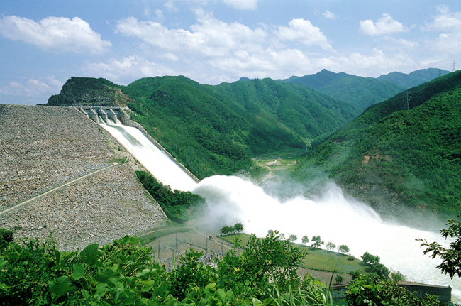 An aerial view of the Soyang Dam, built and run by K-water, near Chuncheon, Gangwon Province.   K-water