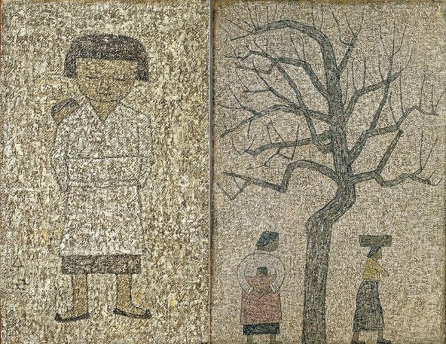 박수근 아기보는 소녀,1963년. 박수근 나무와 두 여인. 1962년