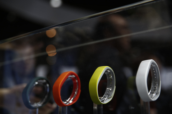 Sony Core wearable devices stand on display at the Sony pavilion during the Mobile World Congress in Barcelona, Spain, Monday.   Bloomberg