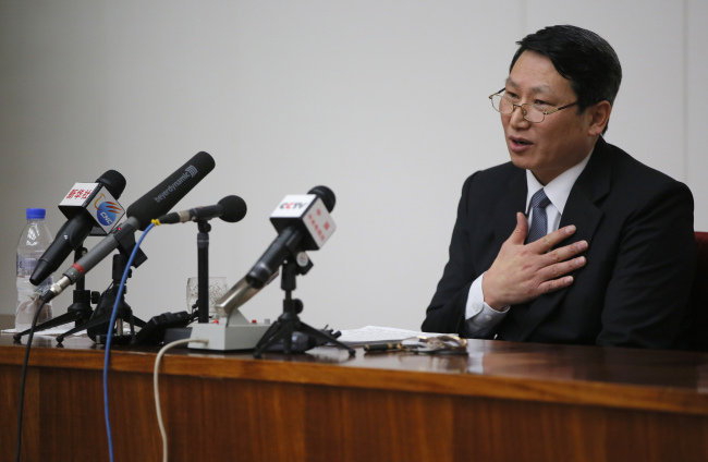 Kim Jung-wook, a South Korean Baptist missionary, speaks during a news conference in Pyongyang on Thursday.   AP-Yonhap